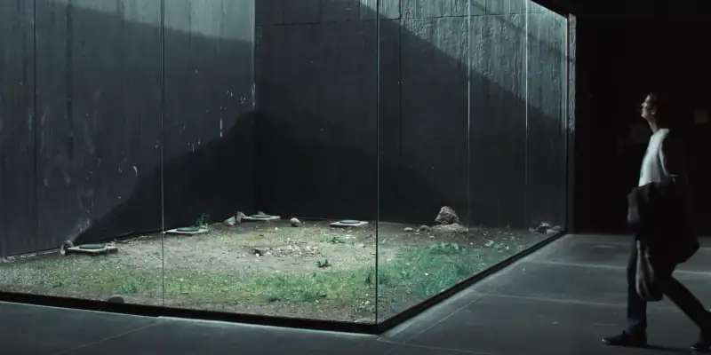 A scene from Memoria showing Jessica walking past a glass enclosure of weedy grass, the sun shining down from above