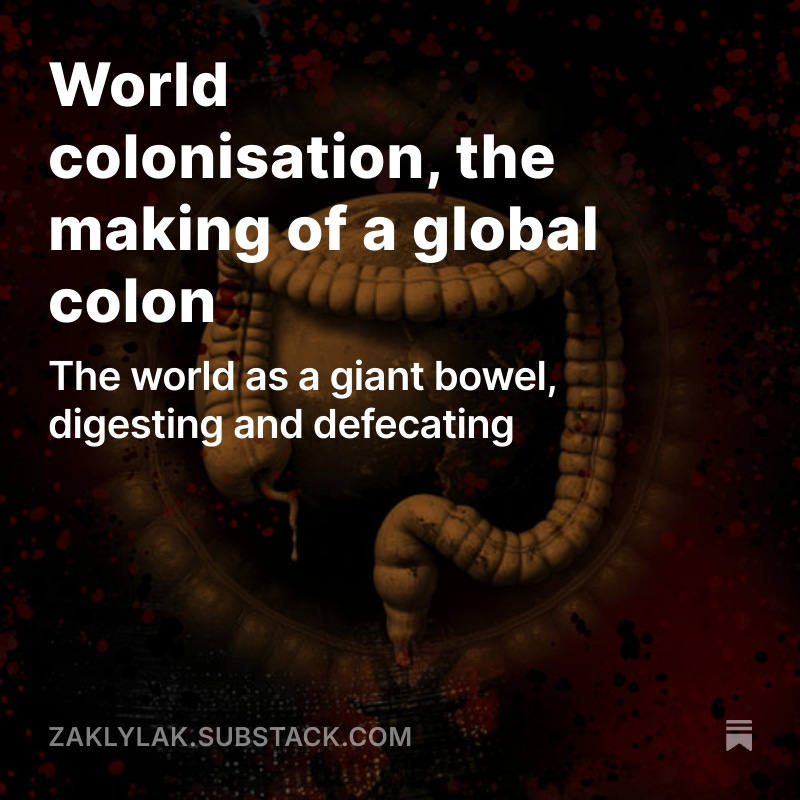 A colon wrapped around the planet Earth, dark sepia with red and black splatters.